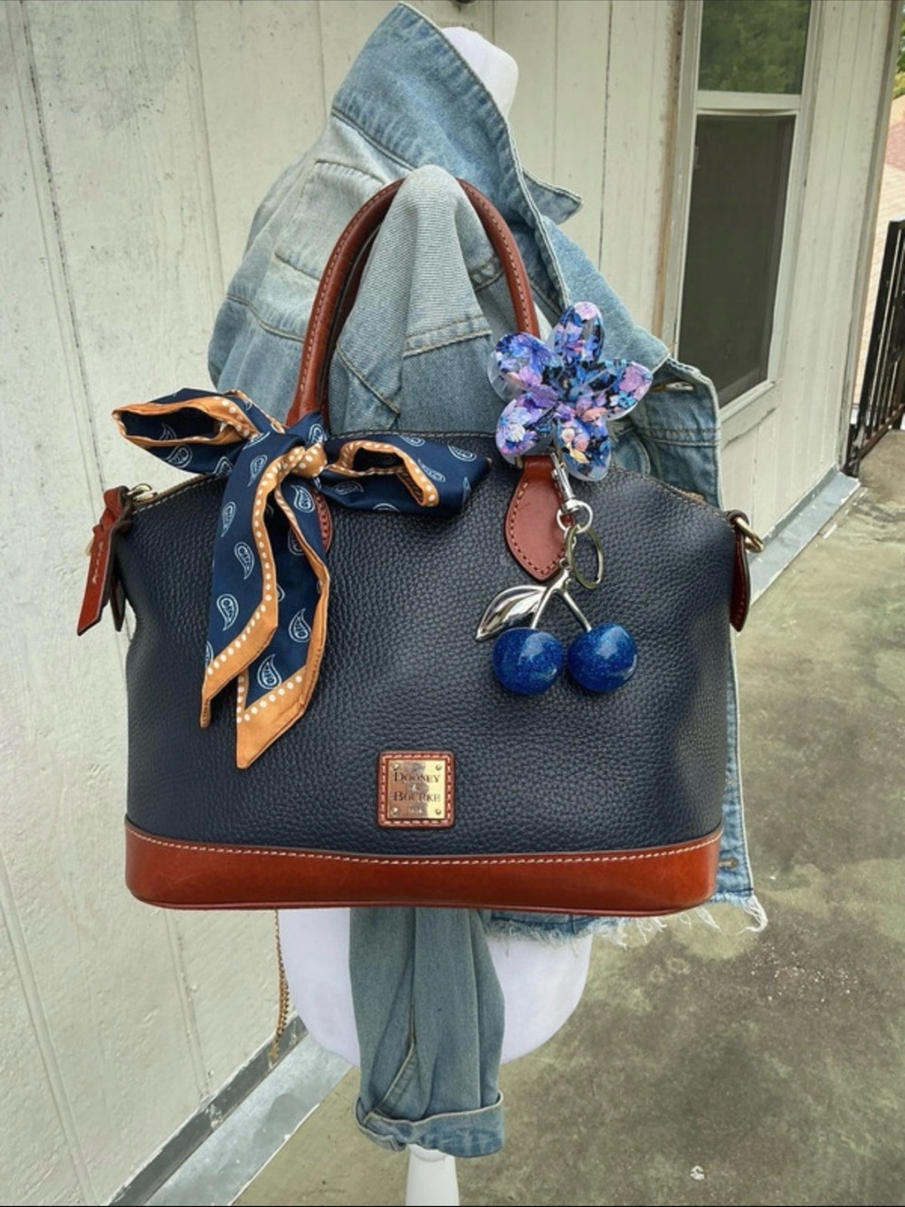 Dooney & Bourke Navy Pebbled Leather Satchel with Brown Trim and Scarf
